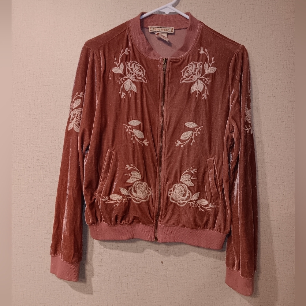 Flying Tomato Dusty Rose Velvet Floral Embroidered Bomber Jacket